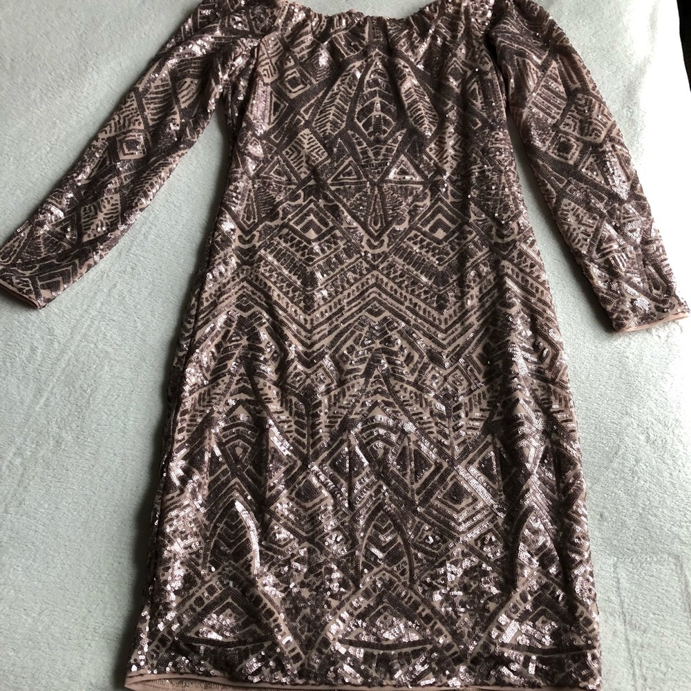 Long sleeved, champagne sequin mini dress